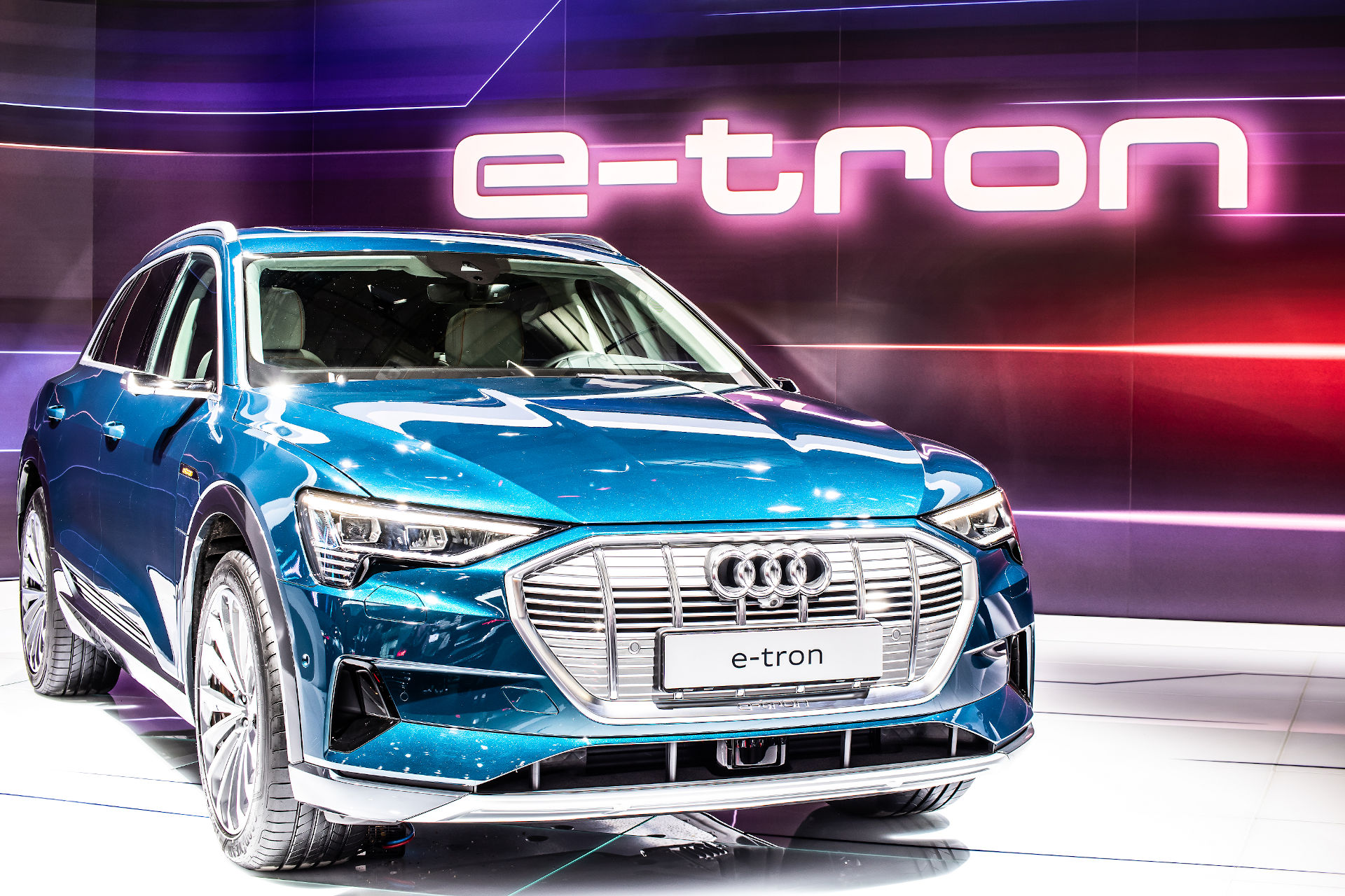 Blue Audi e-tron on display