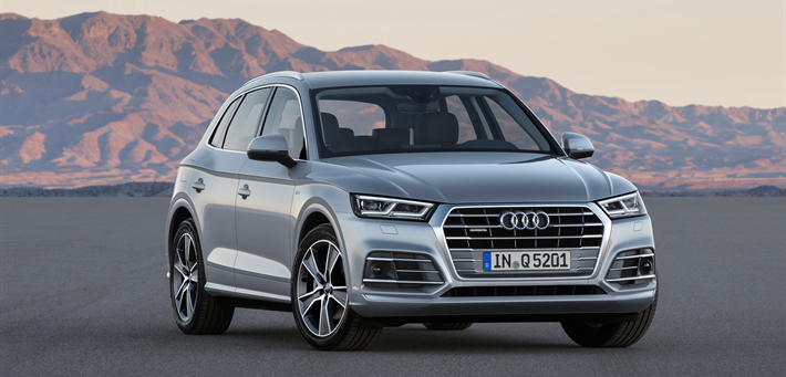 A shiny grey Audi Q5 is parked in front of a scenic mountain landscape.
