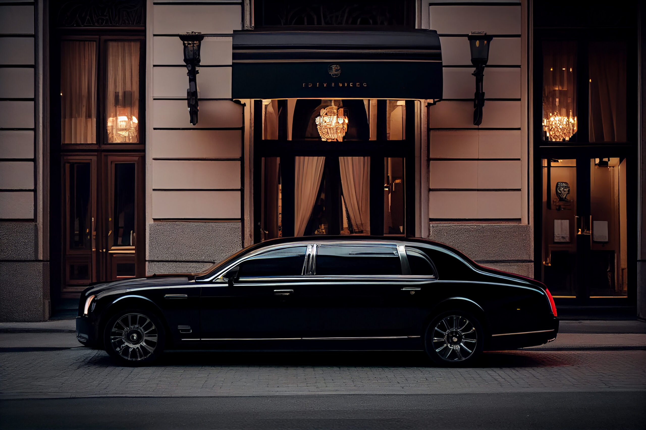 A sleek black luxury rental car is parked outside a high-end store.